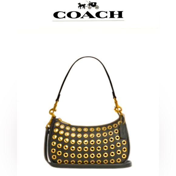 COACH Teri Shoulder Bag With Grommets. Black smooth leather. NWT - Picture 1 of 7